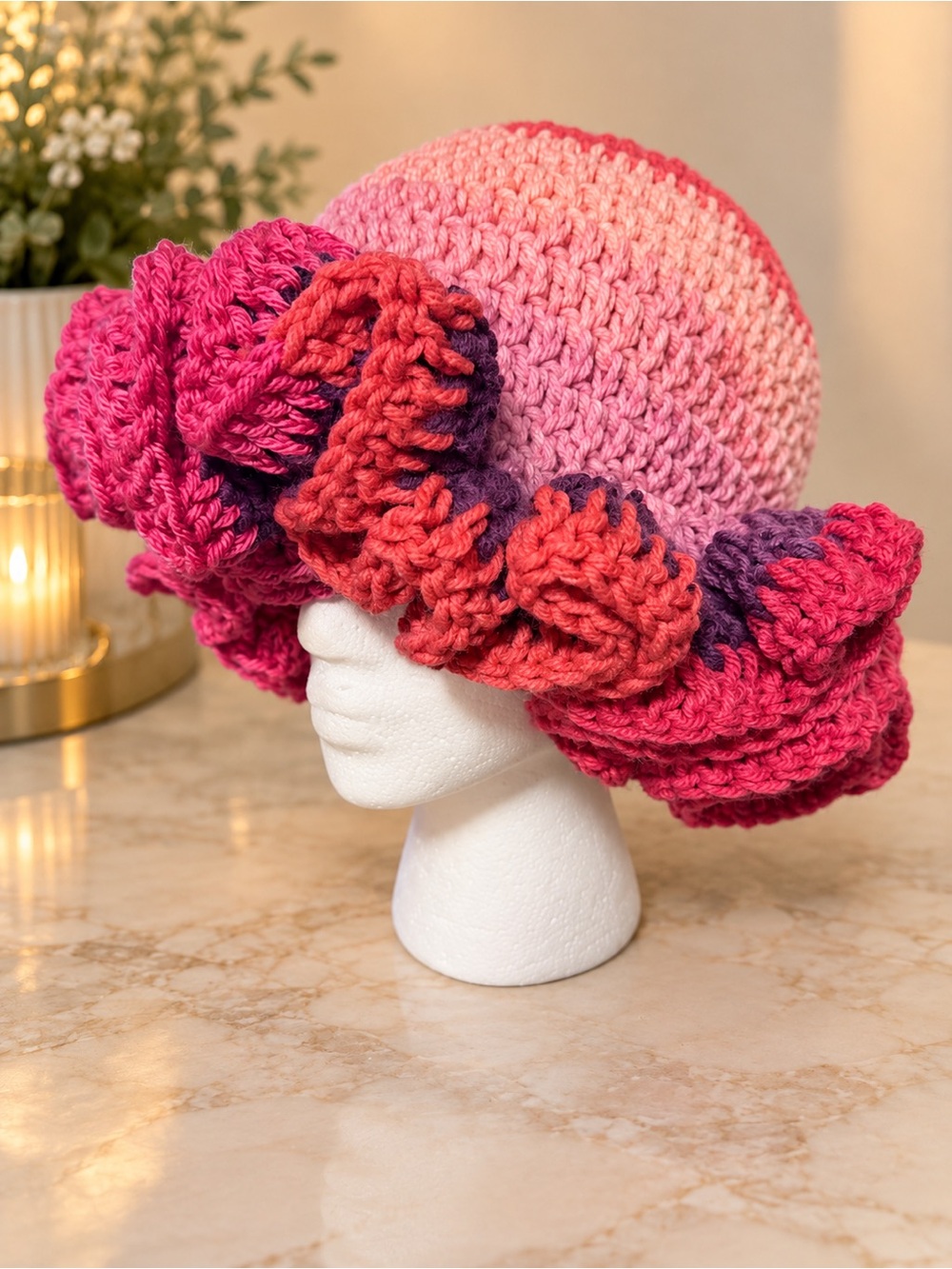 Handmade Pink Multicolor Crochet Flower Brim Hat